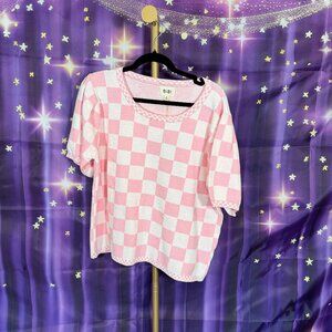 BiBi - Mixed Checker Pattern Short Puff Sleeve Sweater - Pink, White - XL - NWT